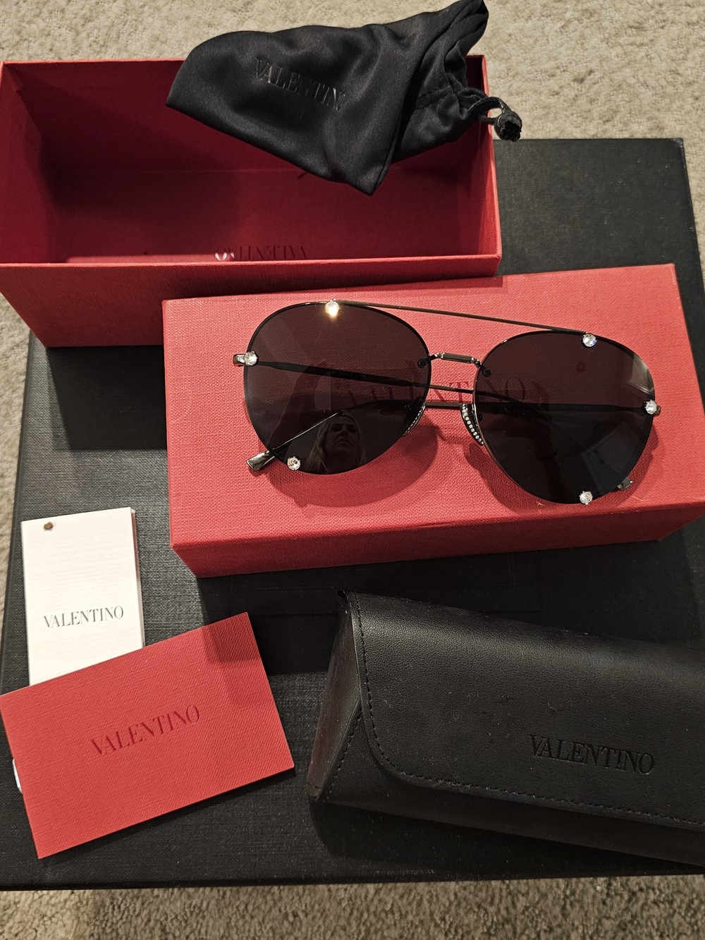 Valentino Women's Black Aviator Sunglasses with Crystal Accents